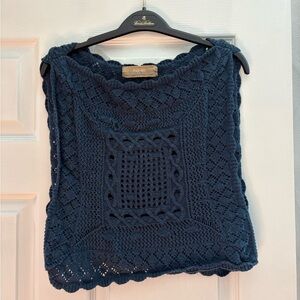 Free People Blue Crochet Crop Sweater